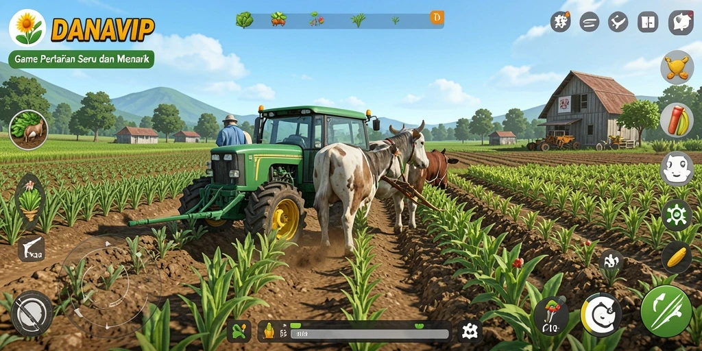 Screenshot gameplay DANAVIP menunjukkan petani bekerja di lahan subur.