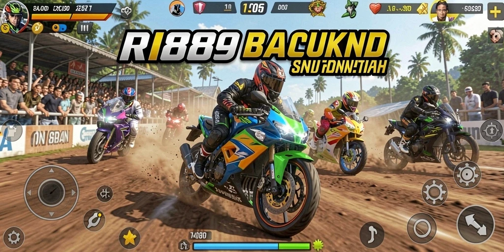 Tampilan gameplay RI889 menunjukkan balapan motor yang seru dan mendebarkan.