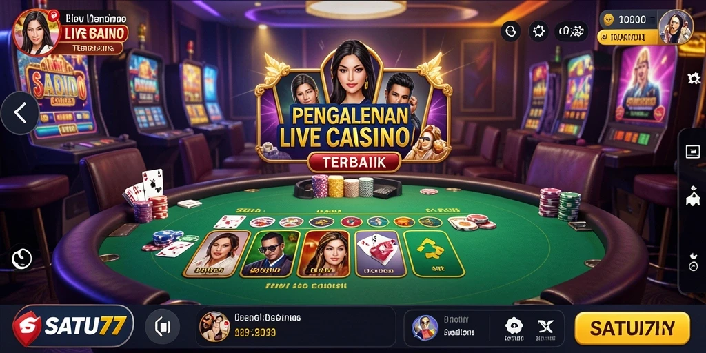 Tampilan screenshot SATU77 yang menampilkan dealer dan gameplay Live Casino.